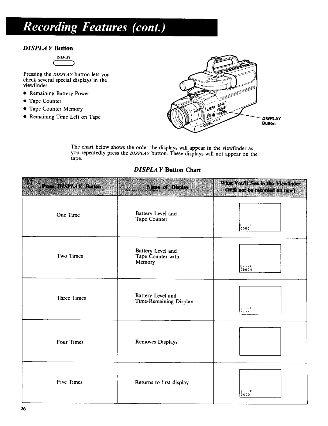 RCA CC-285 owner manual Displa Y Button Chart, Battery Level, Three Times, Five Times Returns to first display 