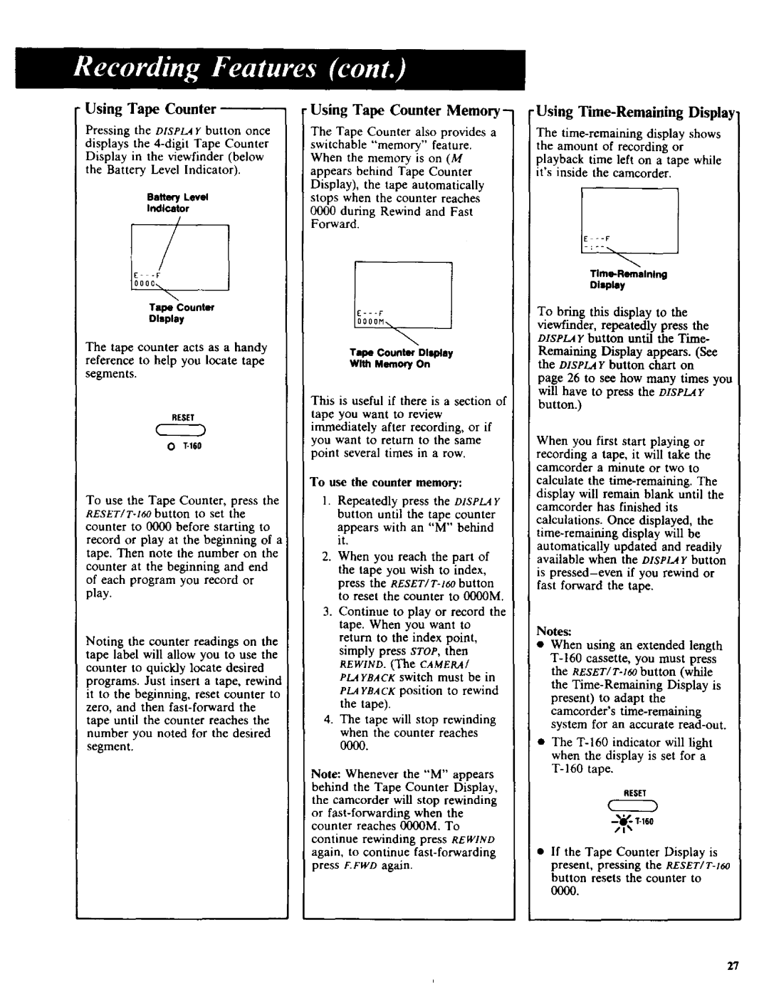 RCA CC-285 owner manual Using Tape Counter Memory, UsingTime-Remaining Display, Forward 