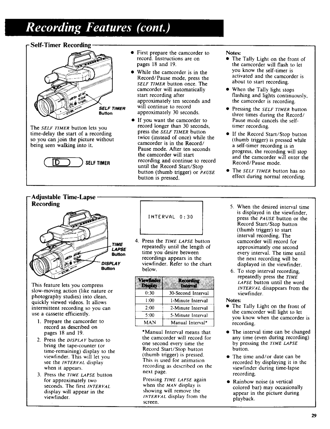 RCA CC-285 owner manual Self-Timer Recording, Light on Front, Self Timer button 