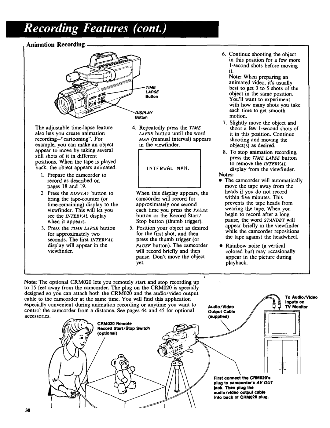 RCA CC-285 owner manual Animation Recording, Repeatedly press the Time Lapse button until the word 