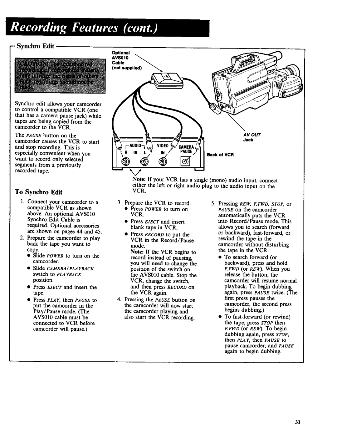 RCA CC-285 owner manual To Synchro Edit, Slide CAMERA/PLAyBACK switch to Playback 