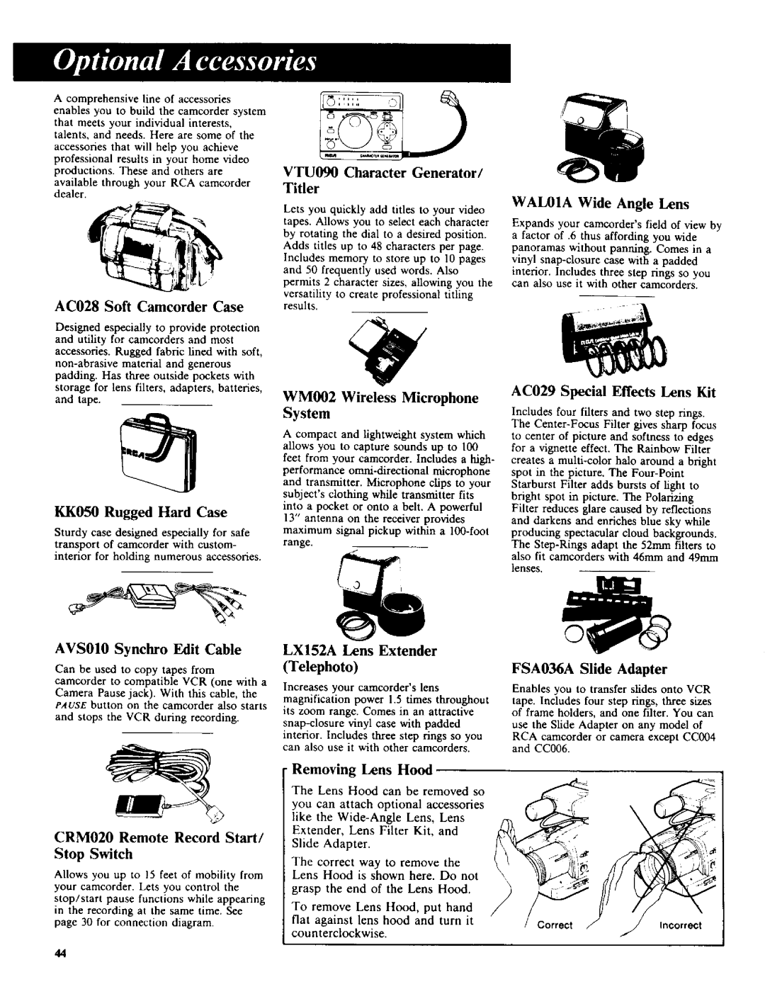 RCA CC-285 AC028 Soft Camcorder Case, KK050 Rugged Hard Case, AVS010 Synchro Edit Cable, WM002 Wireless Microphone 