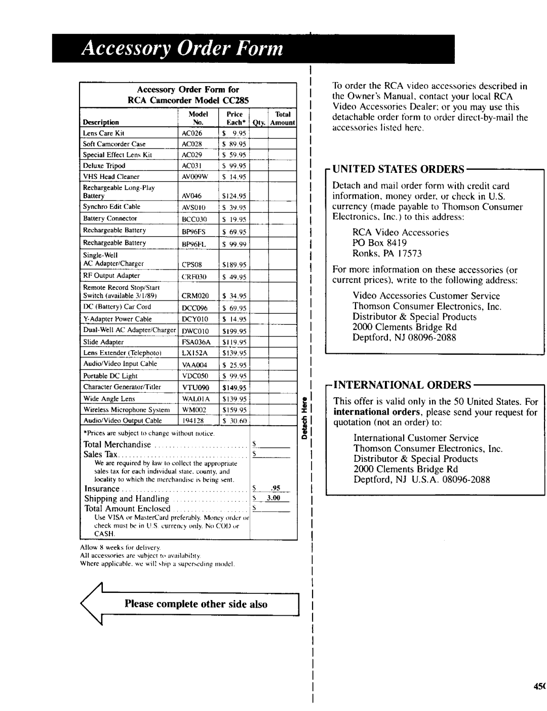 RCA CC-285 owner manual Please complete other side also, Accessory Order Form for RCA Camcorder Model CC285 