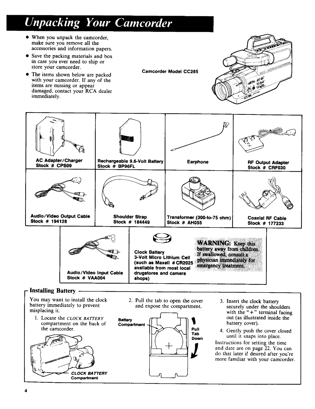 RCA CC-285 owner manual Installing Battery, Locate the Clock Battery 