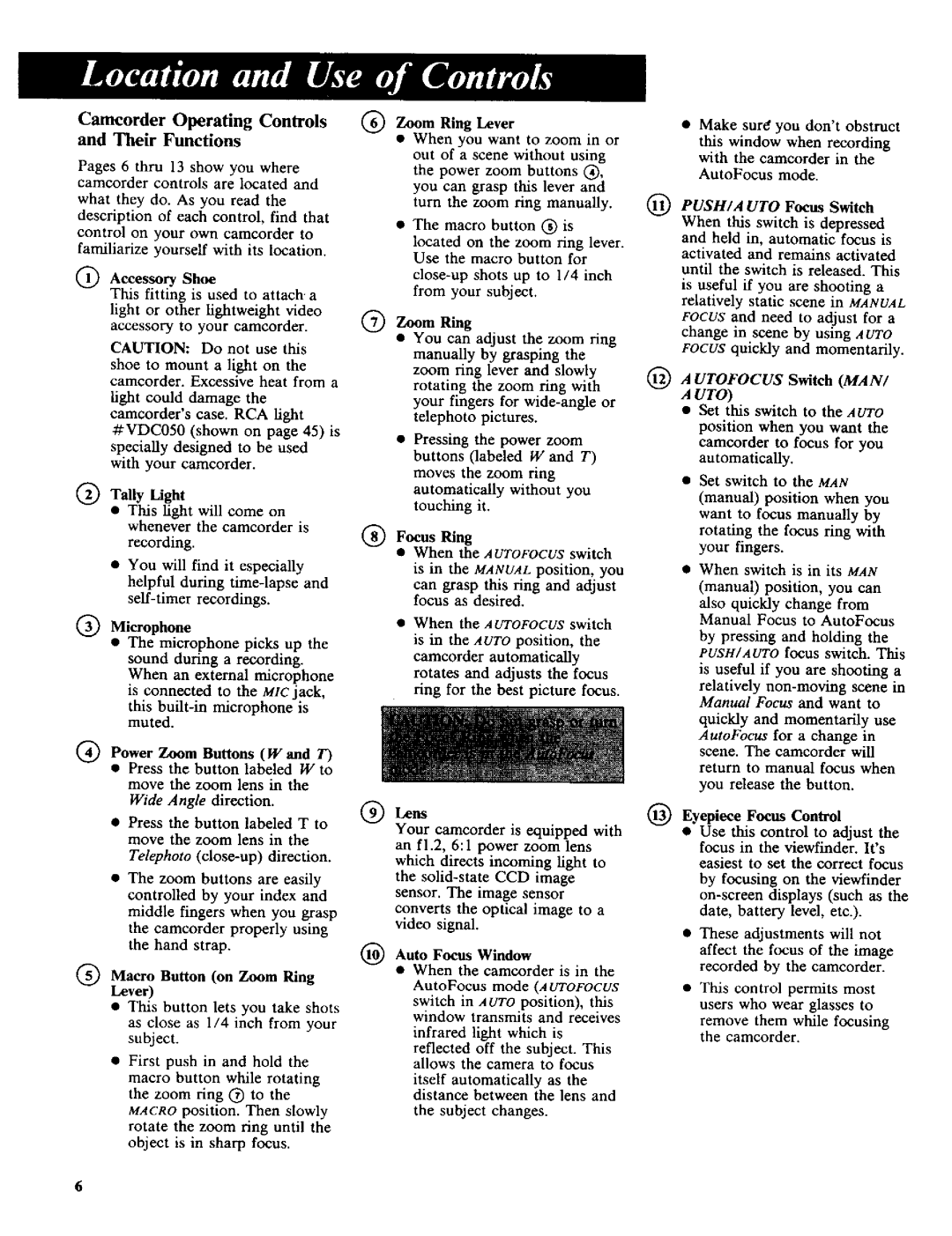 RCA CC-285 owner manual Camcorder Operating Controls and Their Functions, Accessory Shoe, Microphone, Zoom Ring Lever 