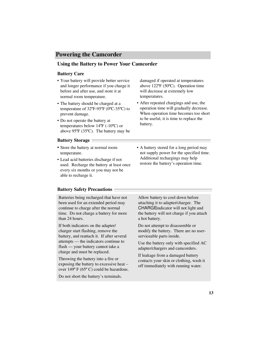 RCA CC417 manual Battery Care, Battery Storage, Battery Safety Precautions 