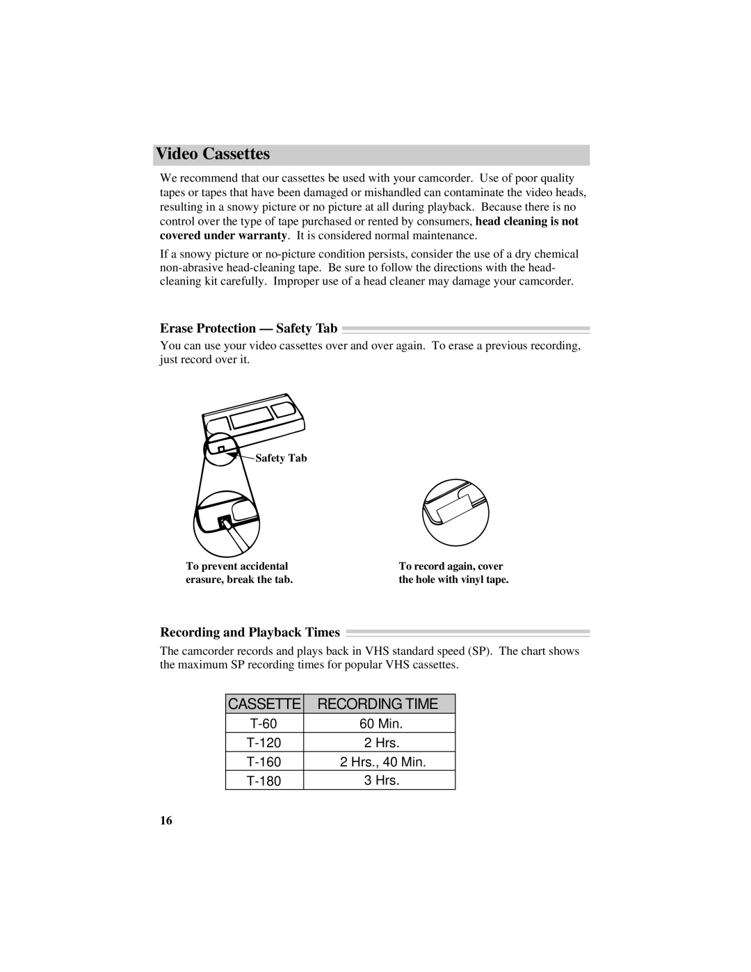 RCA CC417 manual Video Cassettes, Erase Protection Safety Tab, Recording and Playback Times 