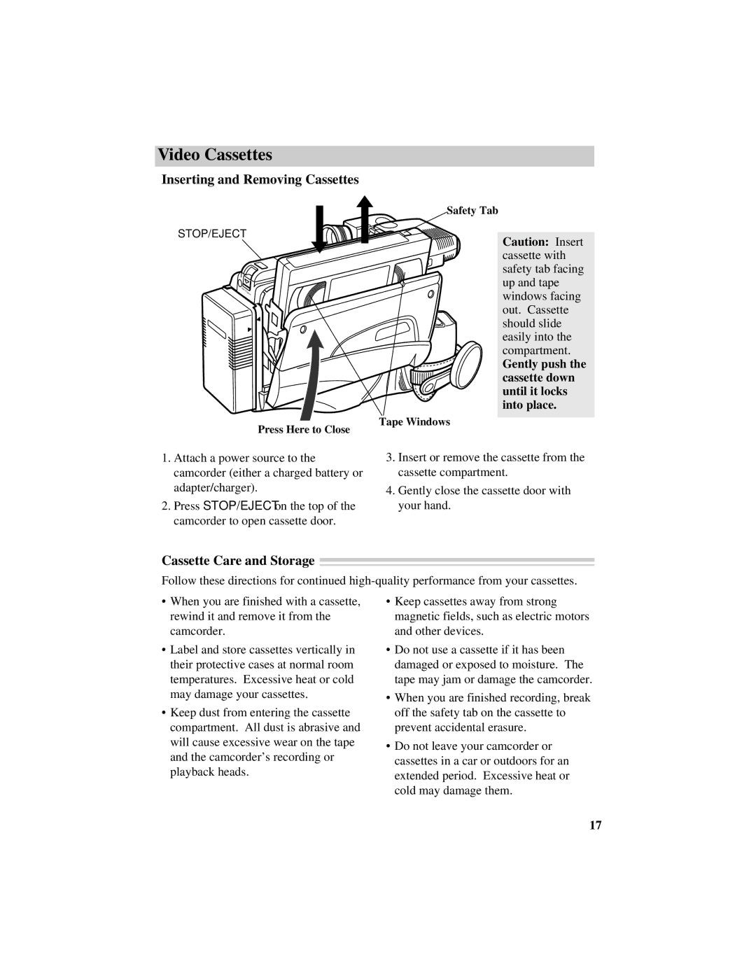 RCA CC417 manual Inserting and Removing Cassettes, Cassette Care and Storage 