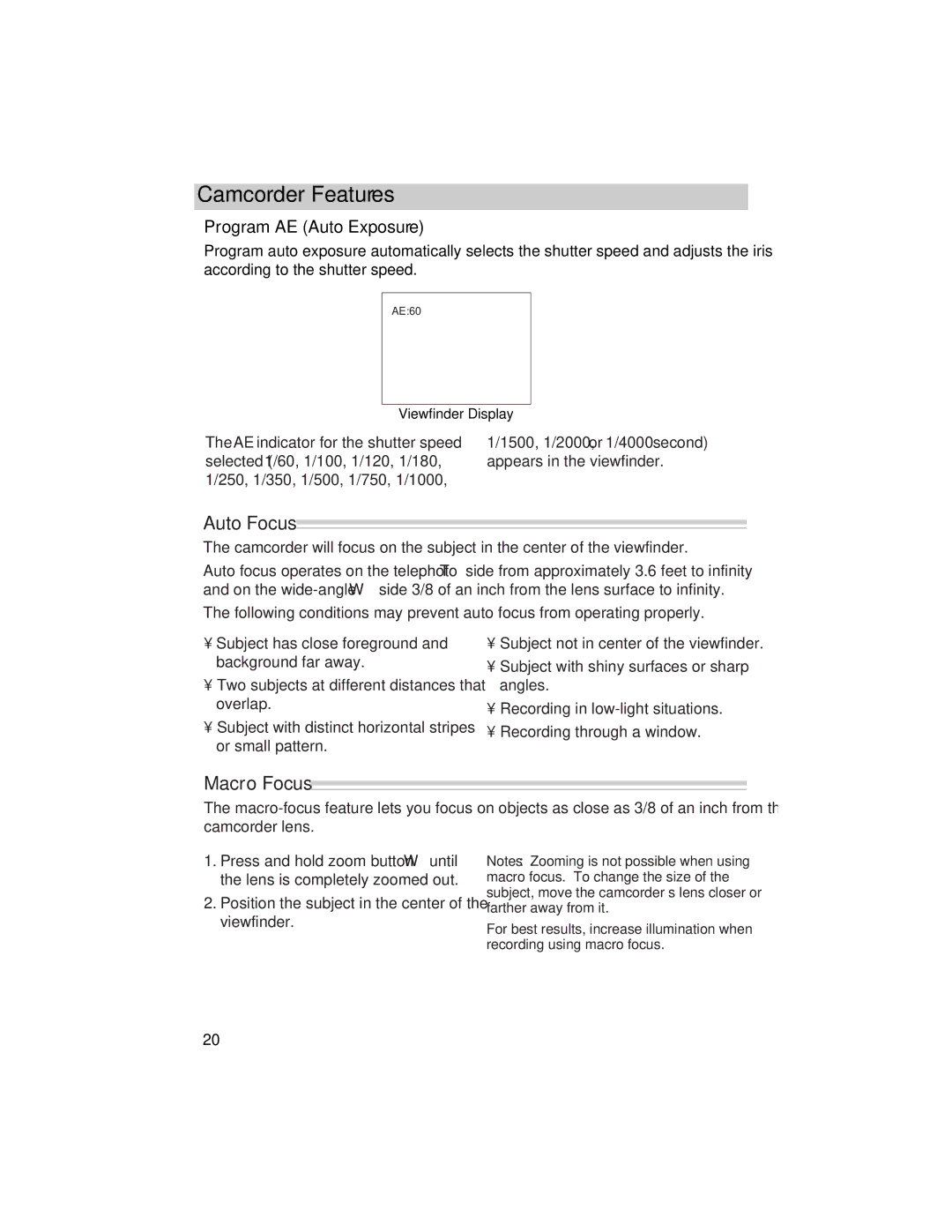 RCA CC417 manual Auto Focus, Macro Focus, Program AE Auto Exposure 