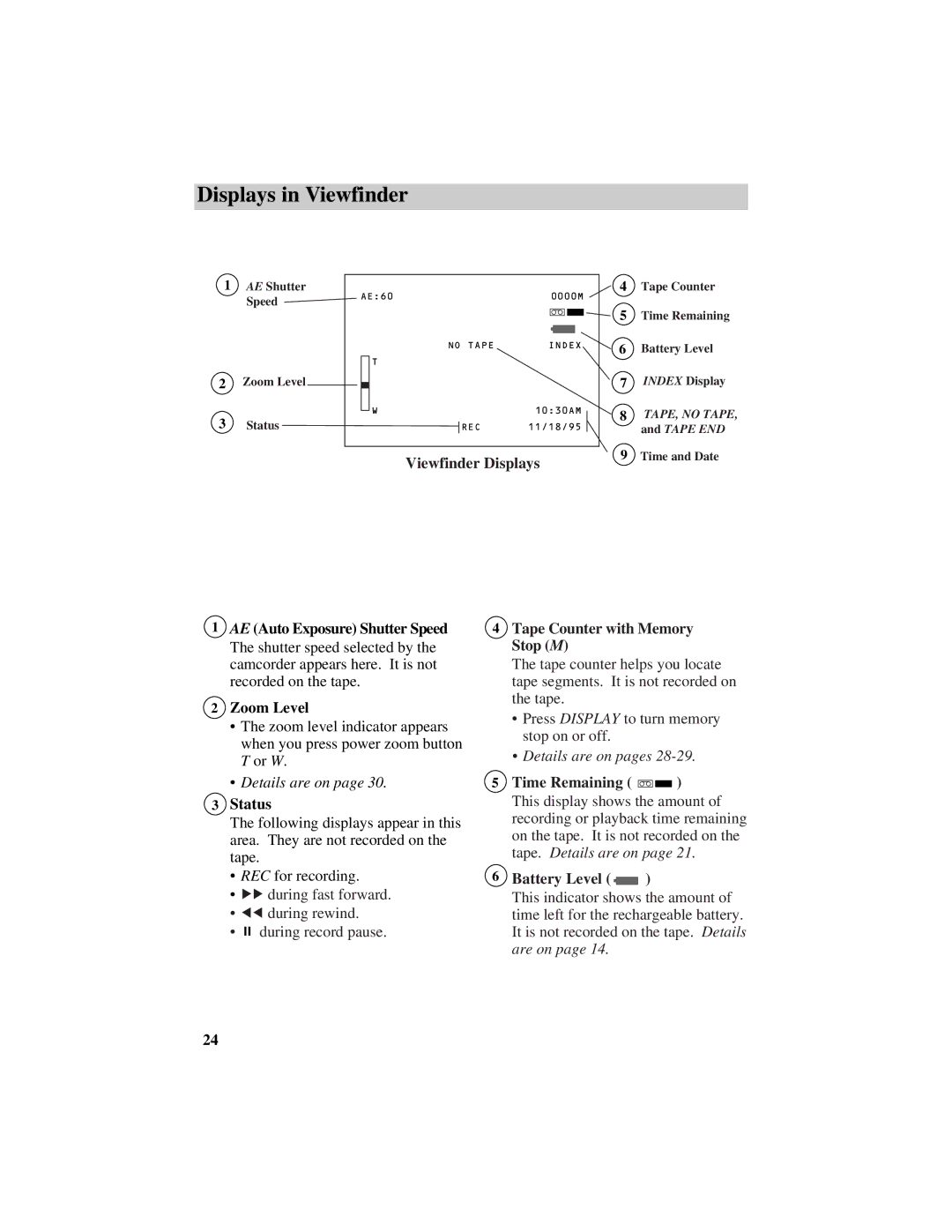 RCA CC417 manual Displays in Viewfinder, Status, Tape Counter with Memory Stop M, Time Remaining, Battery Level 