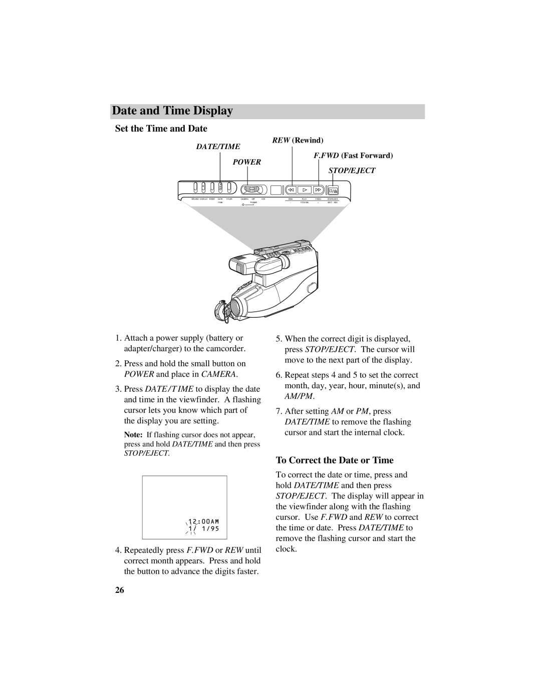 RCA CC417 manual Date and Time Display, Set the Time and Date, To Correct the Date or Time 