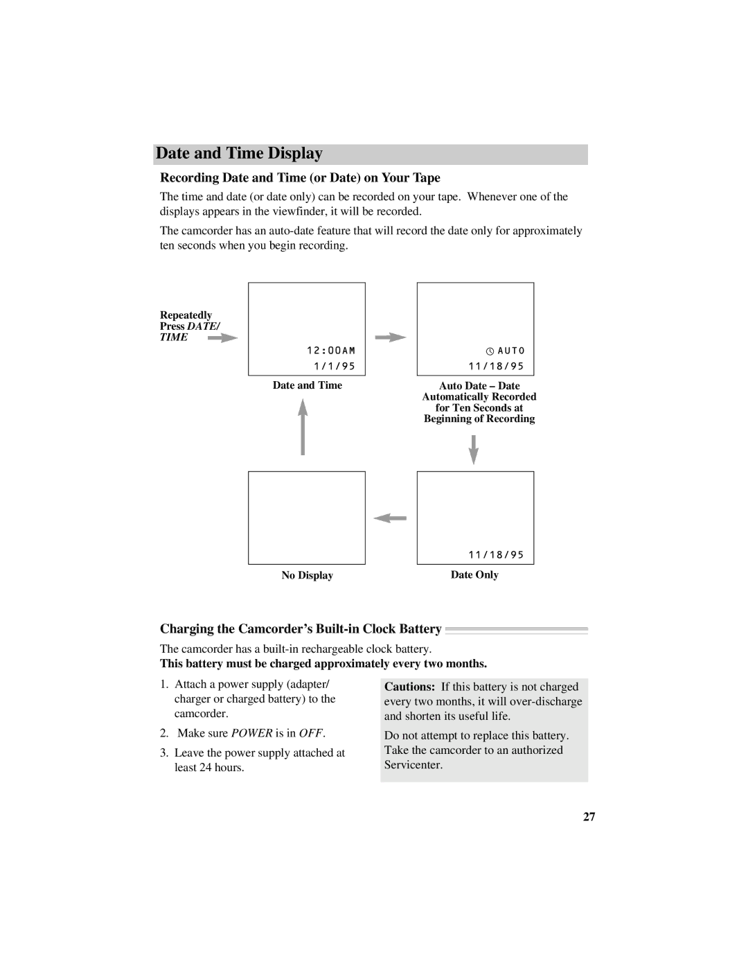 RCA CC417 manual Recording Date and Time or Date on Your Tape, Charging the Camcorder’s Built-in Clock Battery 