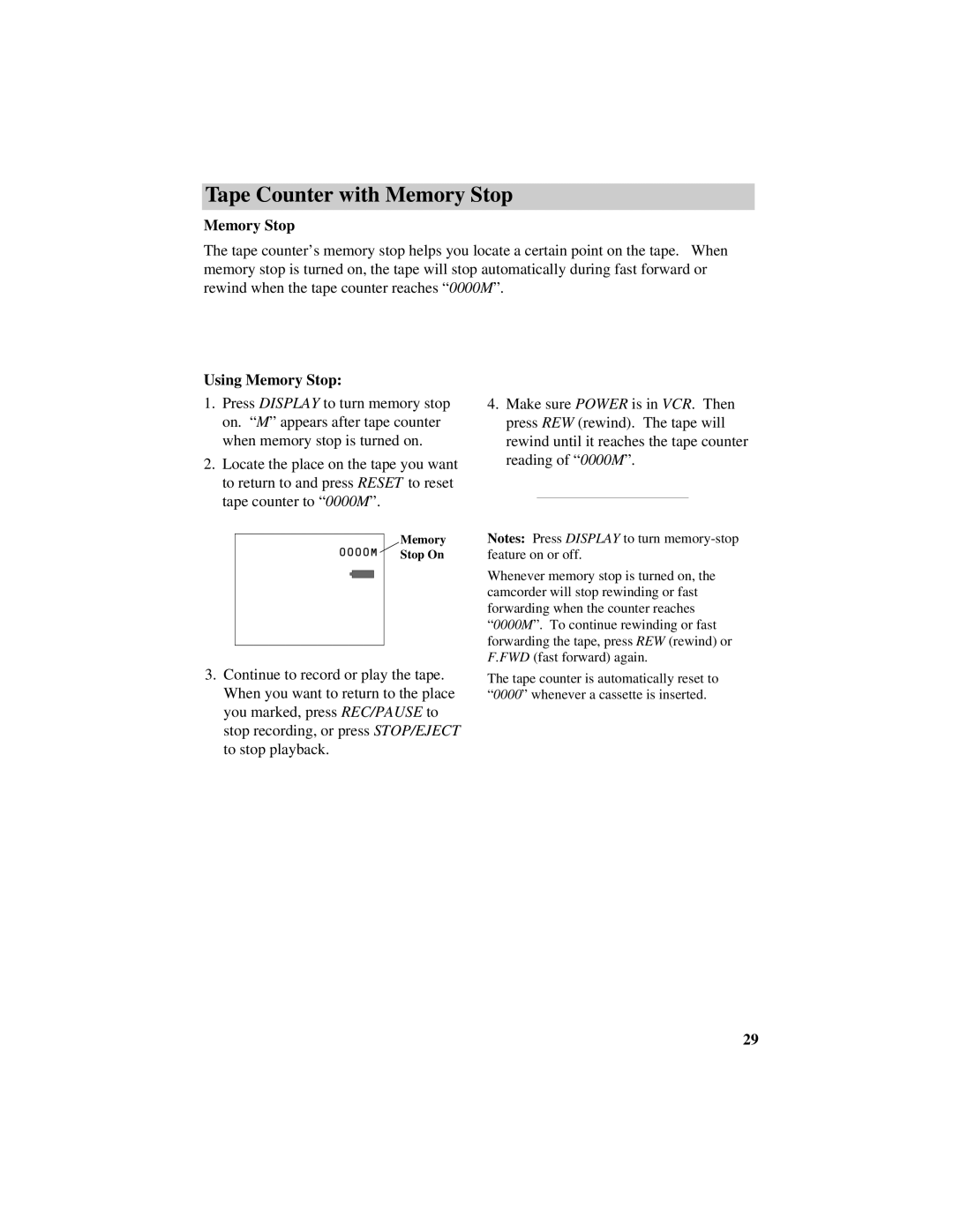 RCA CC417 manual Using Memory Stop 