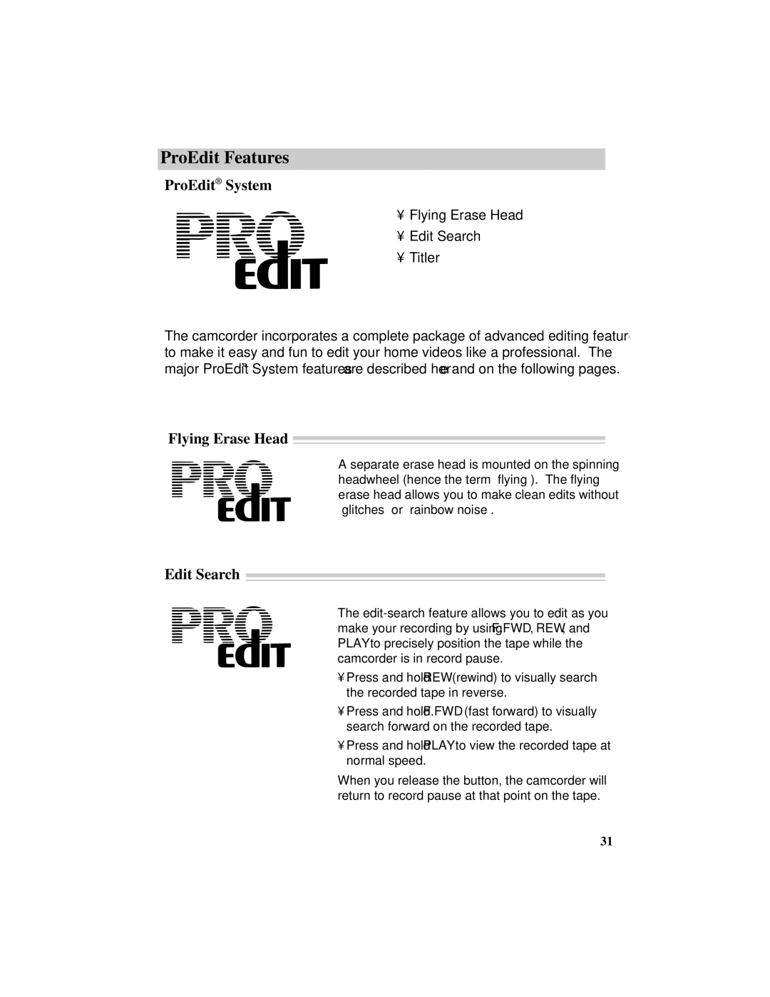 RCA CC417 manual ProEdit Features, ProEdit System, Flying Erase Head, Edit Search 