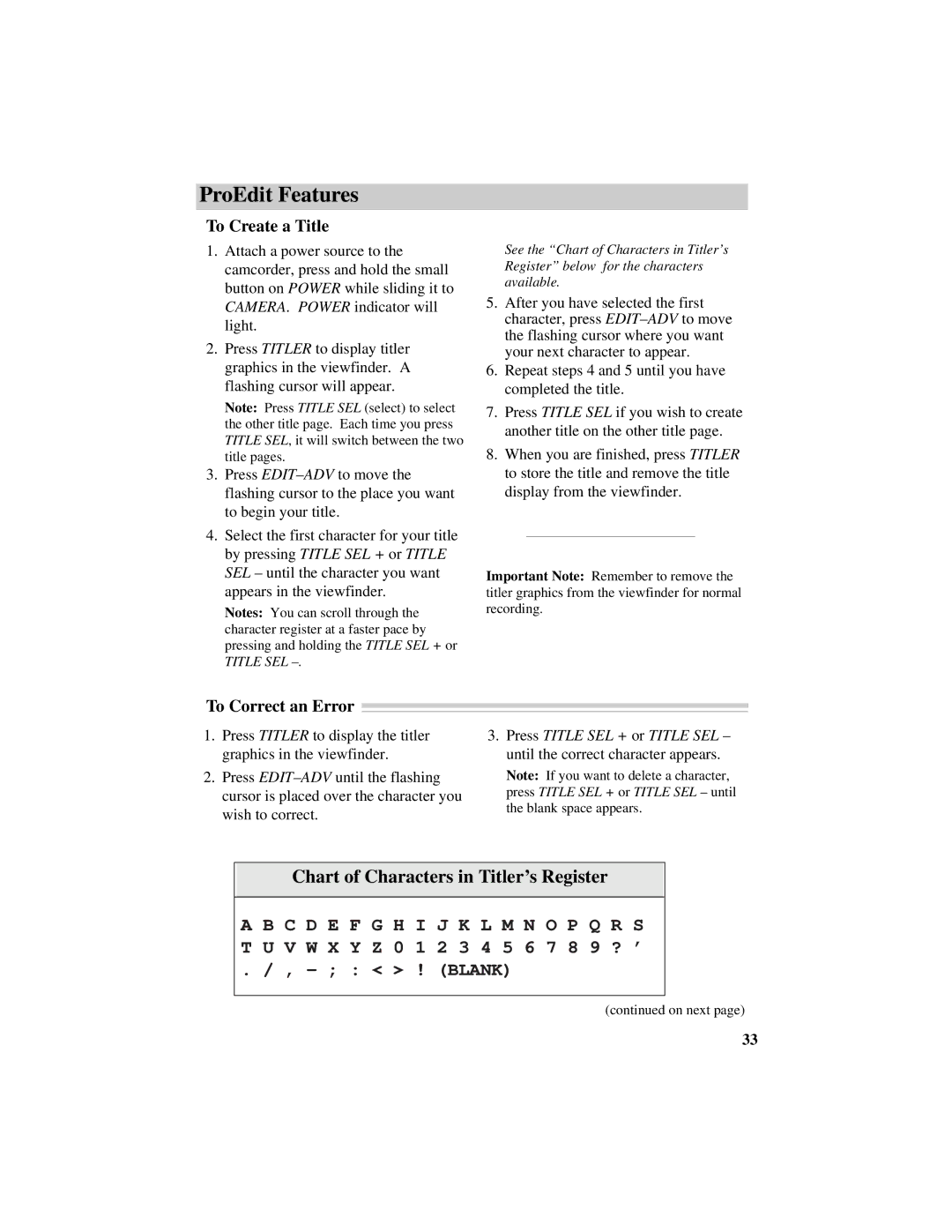 RCA CC417 manual Chart of Characters in Titler’s Register, To Create a Title, To Correct an Error 