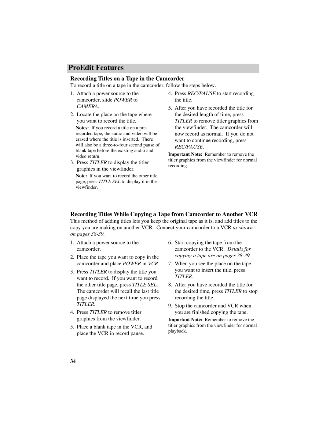 RCA CC417 manual Recording Titles on a Tape in the Camcorder, Camera 