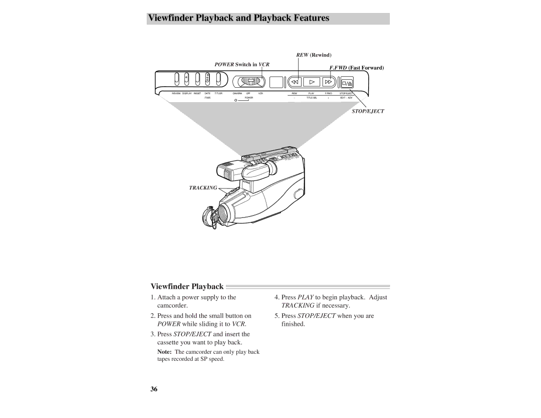 RCA CC417 manual Viewfinder Playback and Playback Features 