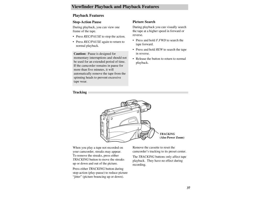 RCA CC417 manual Playback Features, Stop-Action Pause, Picture Search, Tracking 