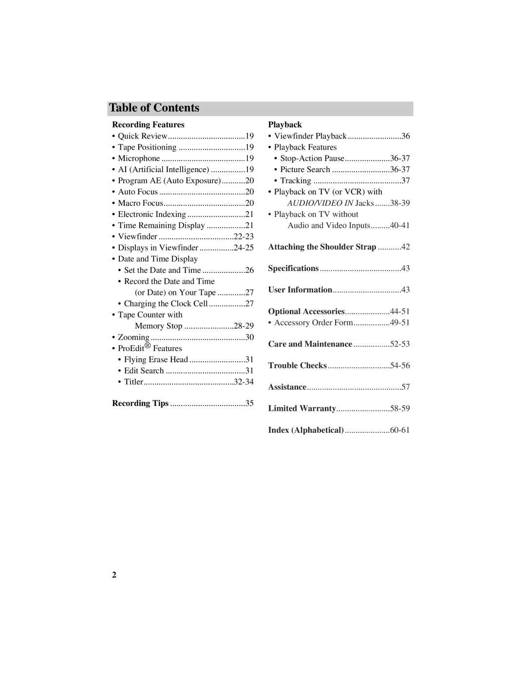 RCA CC417 manual Recording Features, Playback, Care and Maintenance, Index Alphabetical 