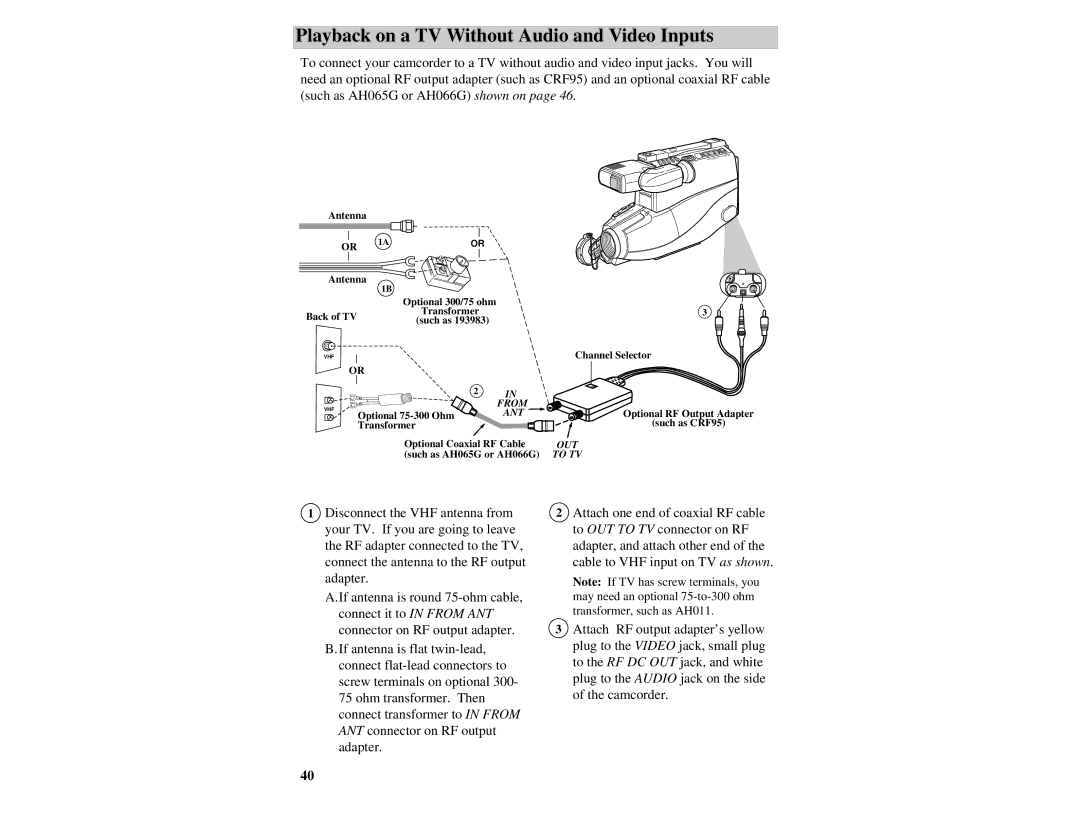 RCA CC417 manual Playback on a TV Without Audio and Video Inputs, Ant 