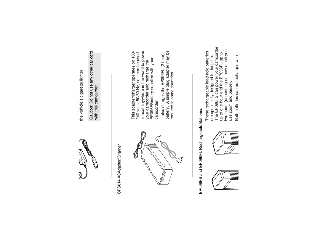 RCA CC417 manual DCC096 DC Battery Car Cord CPS014 AC Adapter/Charger, EP096FS and EP096FL Rechargeable Batteries 