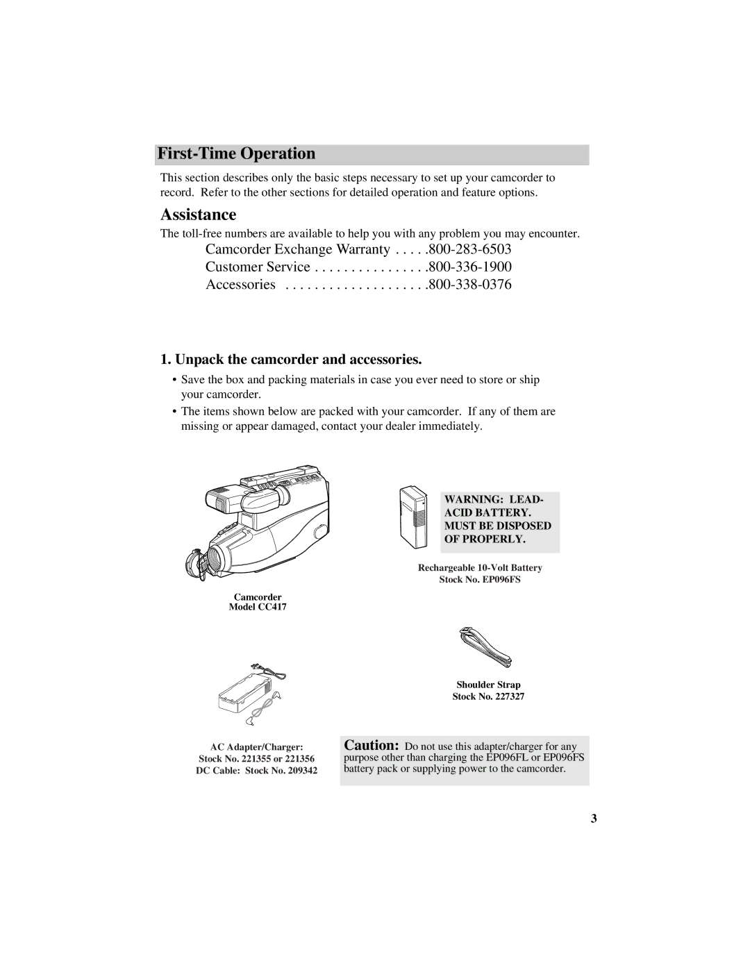 RCA CC417 manual First-Time Operation, Unpack the camcorder and accessories 