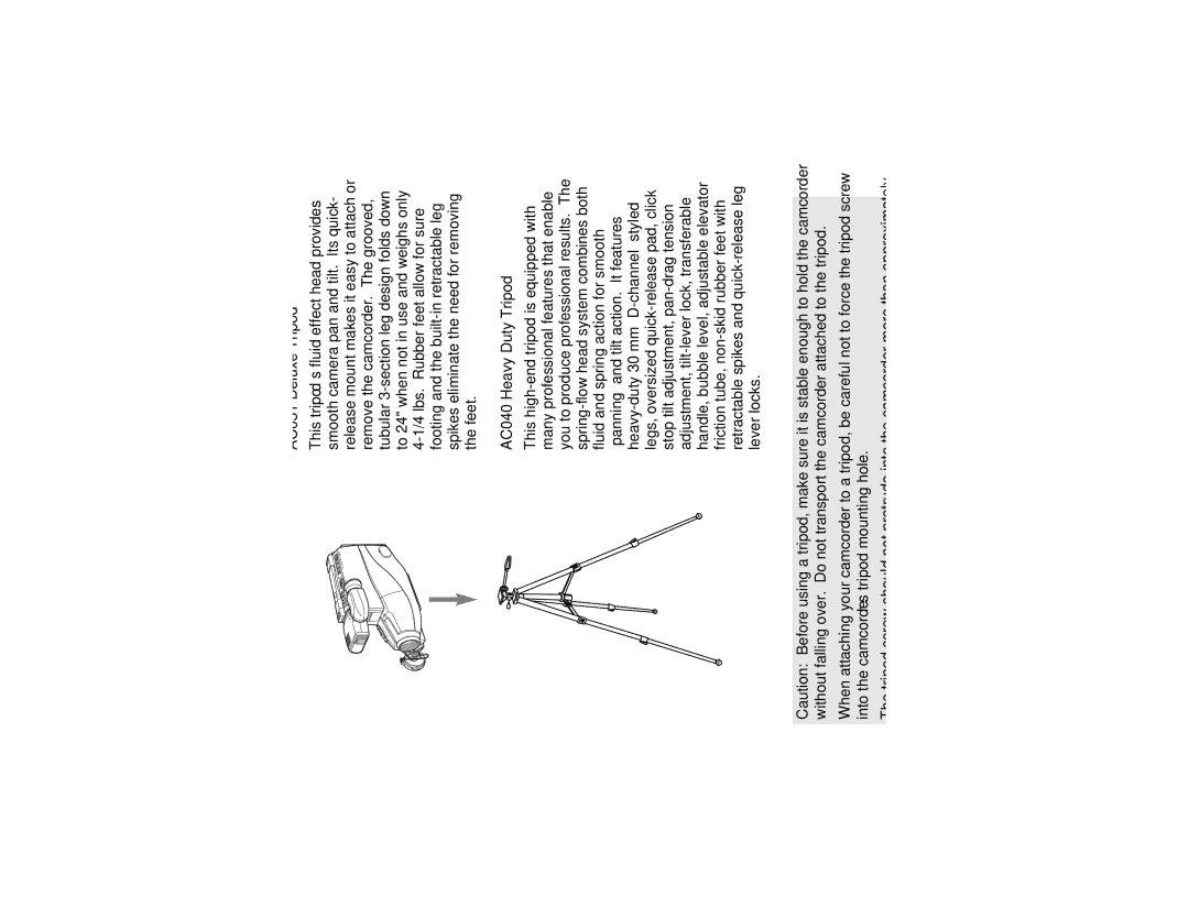 RCA CC417 manual Using an Optional Tripod, AC031 Deluxe Tripod, AC040 Heavy Duty Tripod 