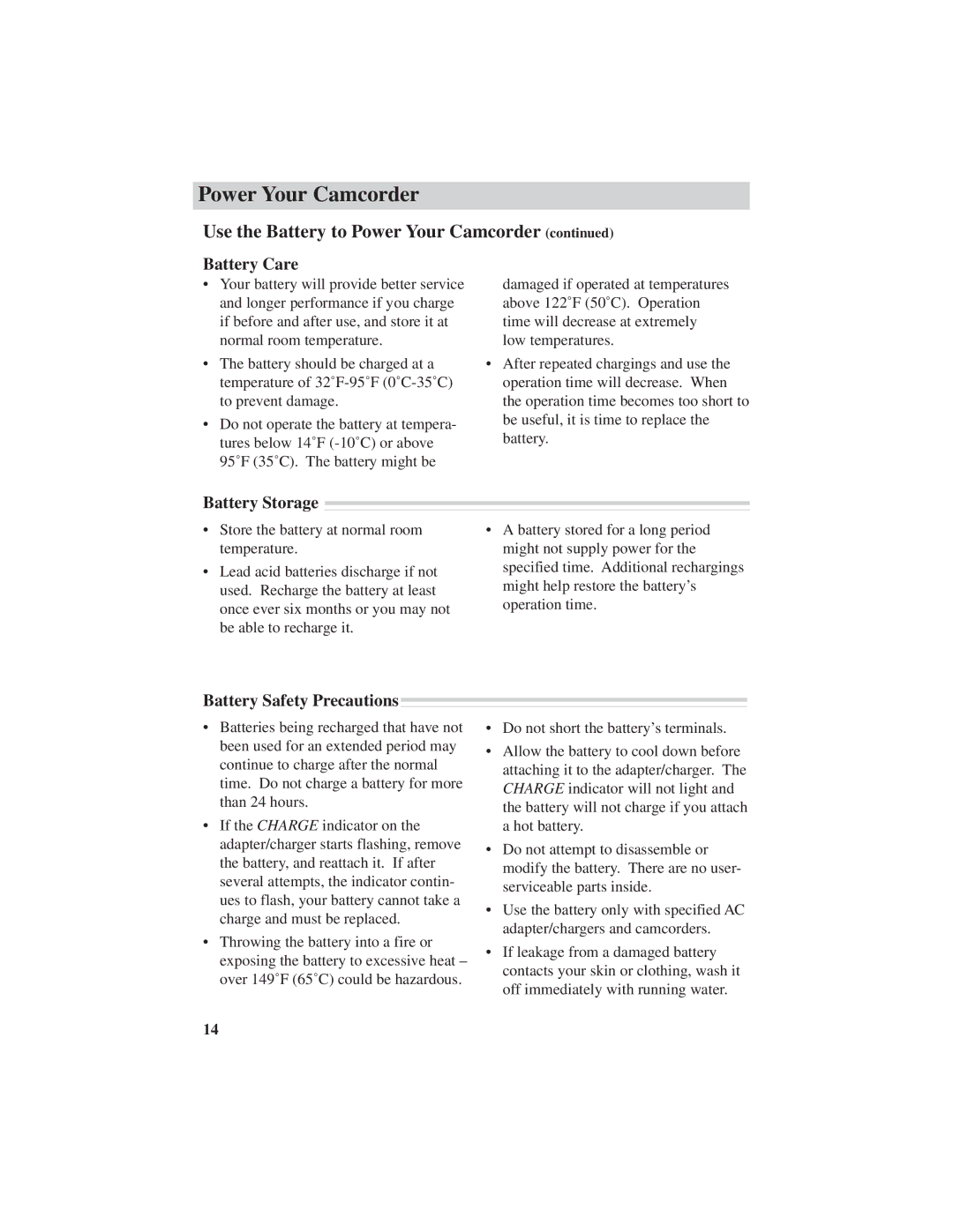 RCA CC4251 manual Battery Care, Battery Storage, Battery Safety Precautions 