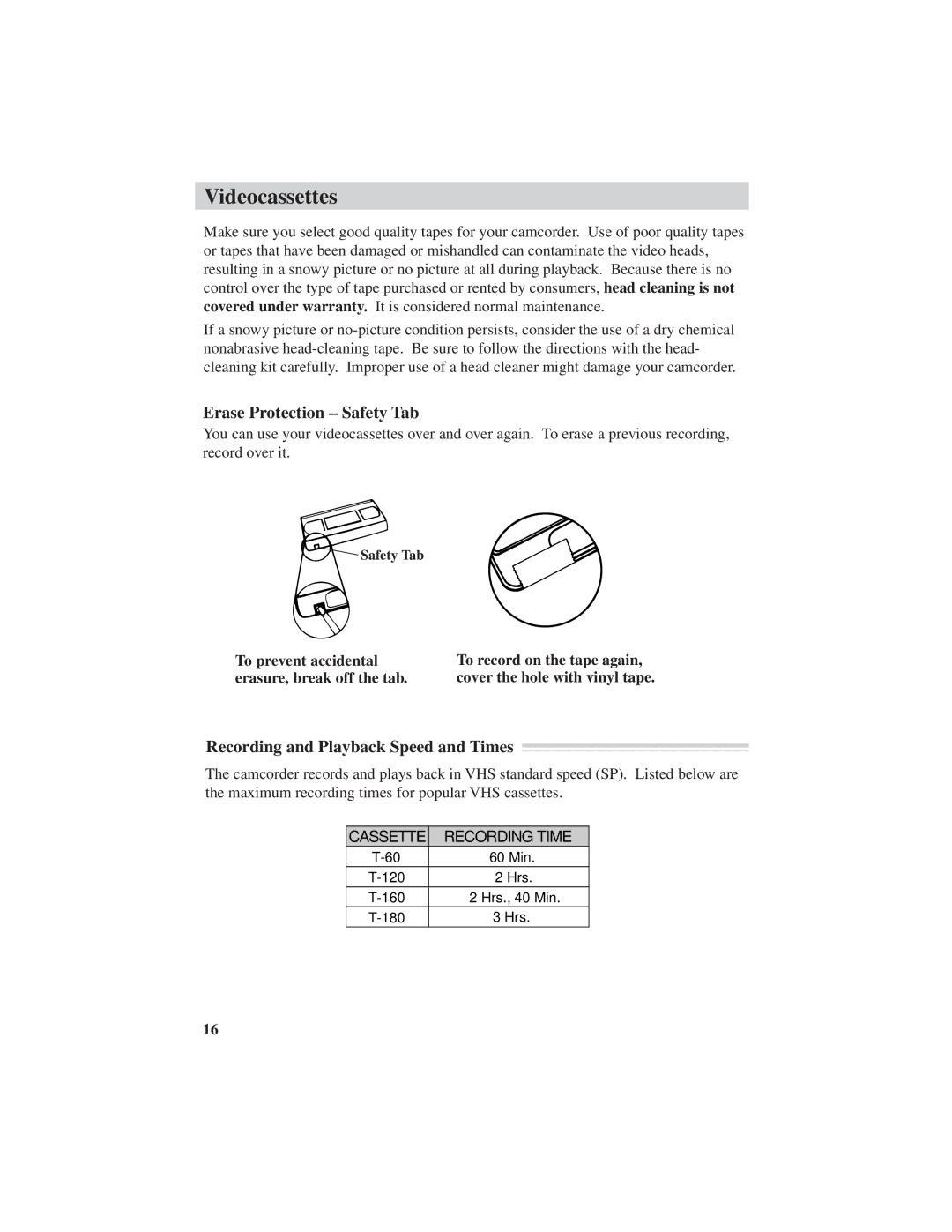 RCA CC4251 manual Videocassettes, Erase Protection Safety Tab, Recording and Playback Speed and Times 