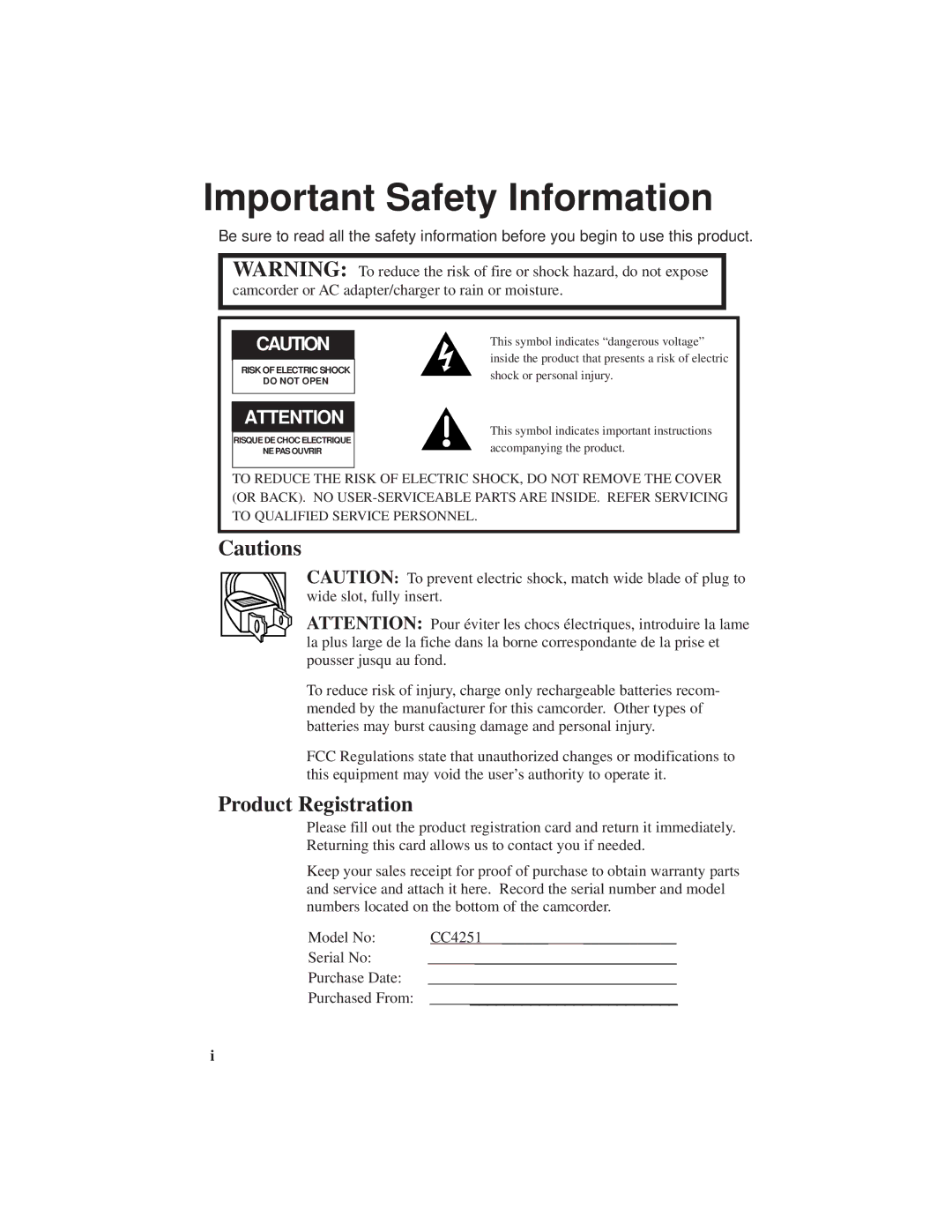 RCA CC4251 manual Important Safety Information, Product Registration 