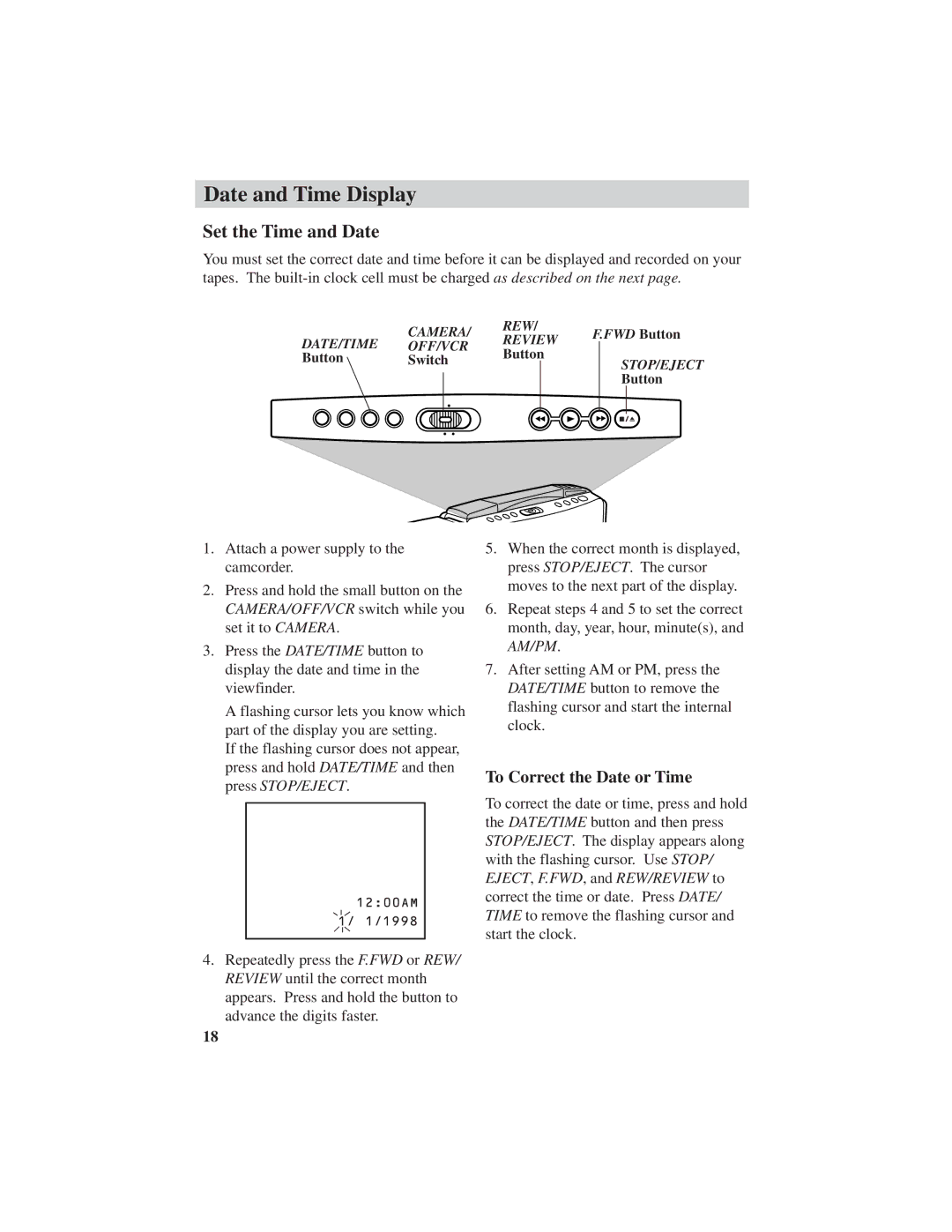 RCA CC4251 manual Date and Time Display, Set the Time and Date, To Correct the Date or Time 