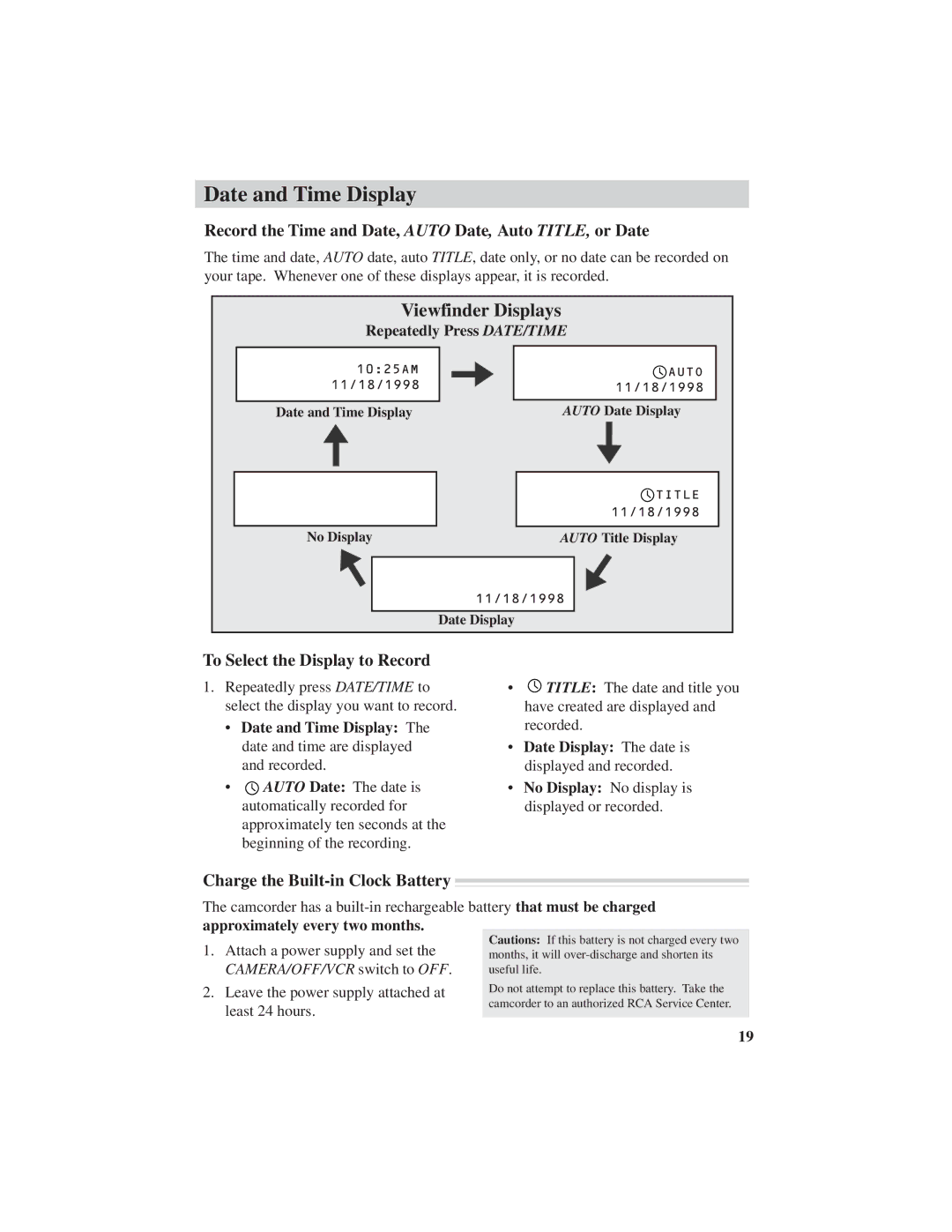 RCA CC4251 Viewfinder Displays, Record the Time and Date, Auto Date, Auto TITLE, or Date, To Select the Display to Record 