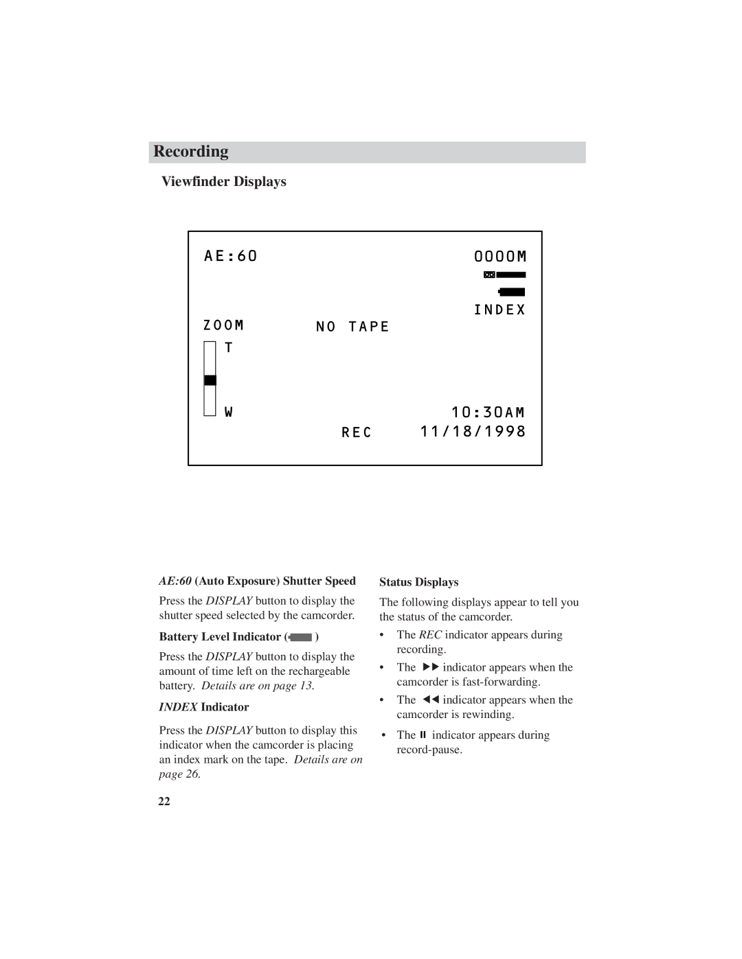 RCA CC4251 manual AE60 Auto Exposure Shutter Speed, Battery Level Indicator, Index Indicator, Status Displays 