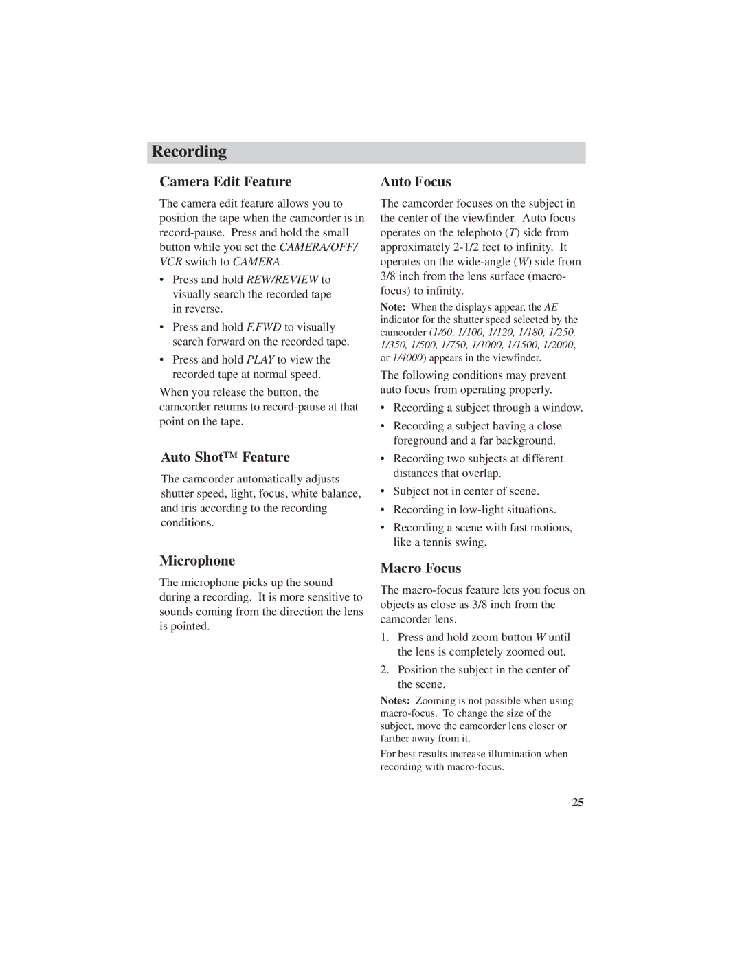 RCA CC4251 manual Camera Edit Feature, Auto Shot Feature, Microphone, Auto Focus, Macro Focus 