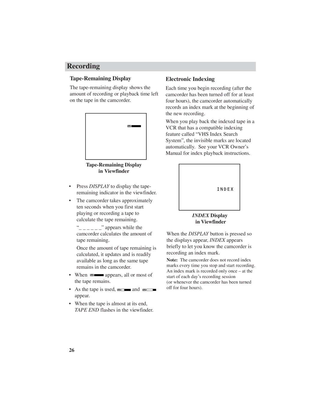 RCA CC4251 manual Electronic Indexing, Tape-Remaining Display Viewfinder, Index Display Viewfinder 