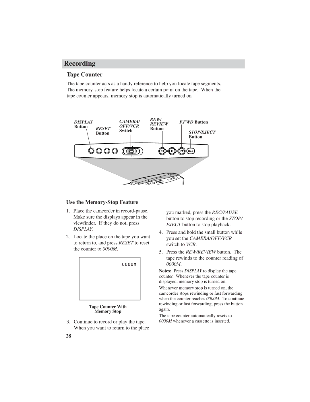 RCA CC4251 manual Tape Counter, Use the Memory-Stop Feature 