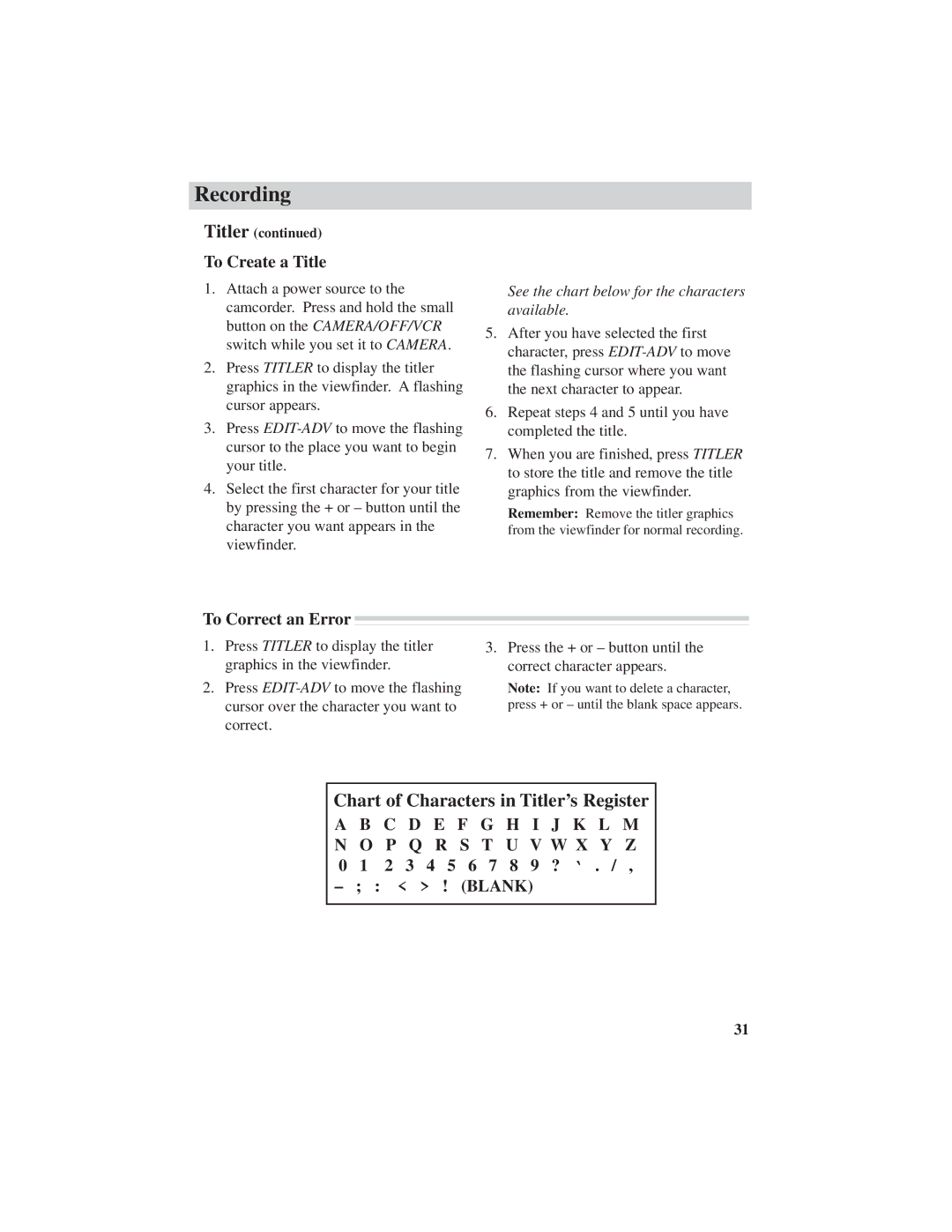 RCA CC4251 manual Chart of Characters in Titler’s Register, To Create a Title, To Correct an Error 