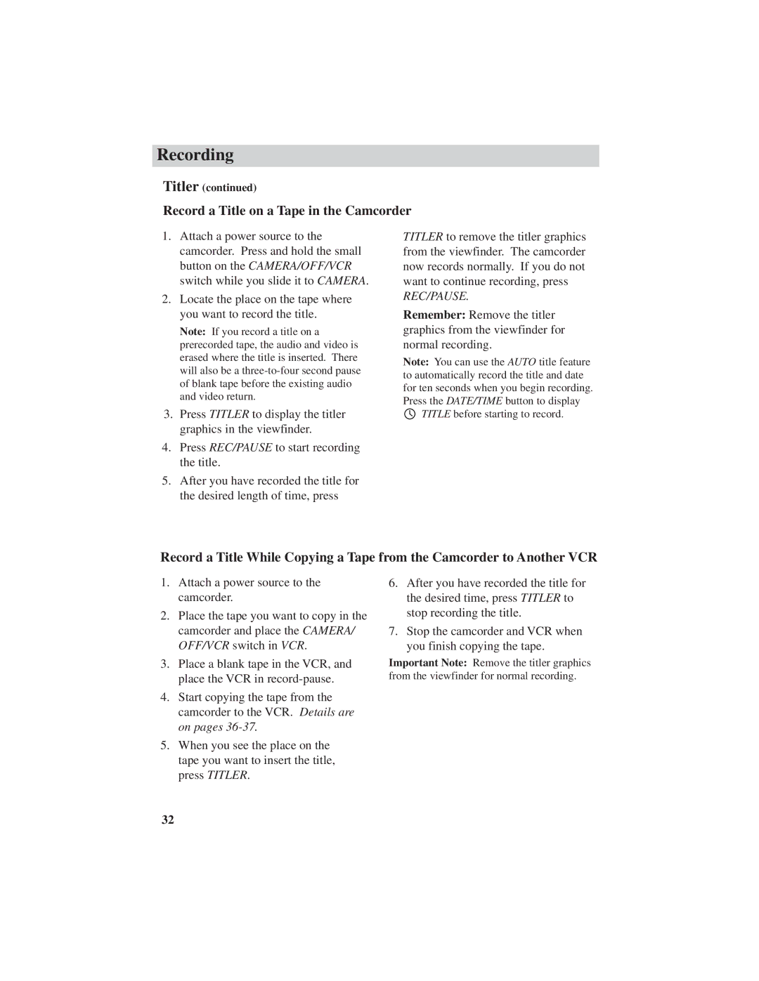 RCA CC4251 manual Record a Title on a Tape in the Camcorder 