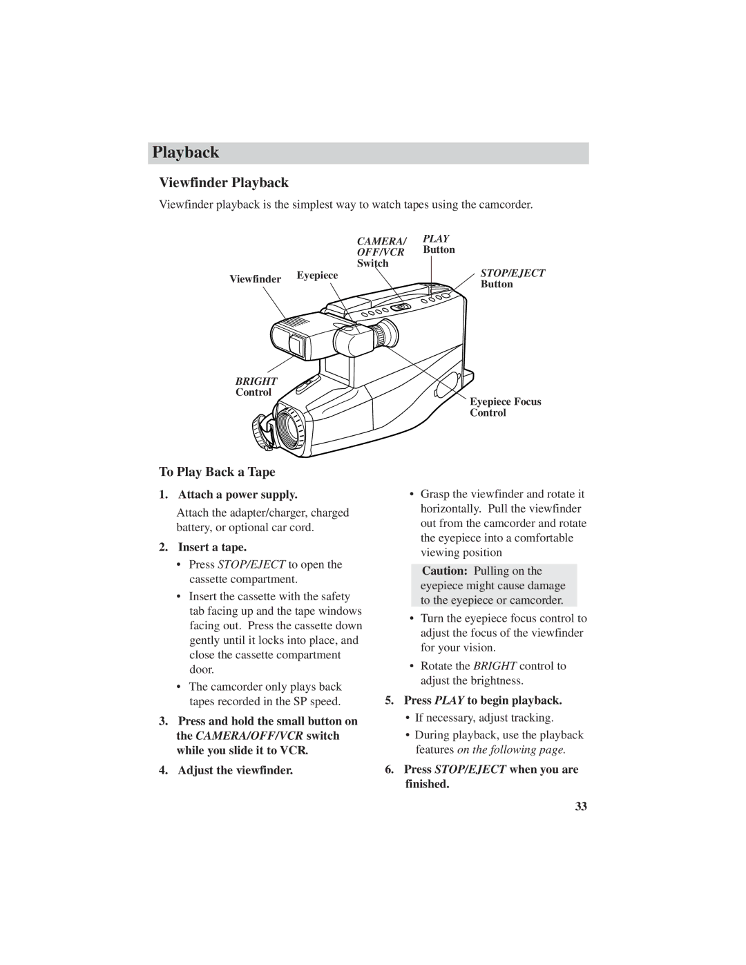 RCA CC4251 manual Viewfinder Playback, To Play Back a Tape 