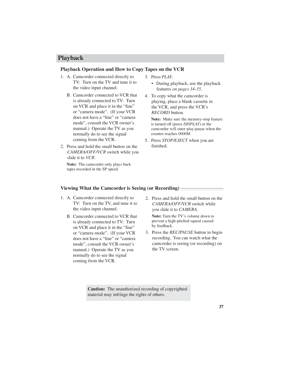 RCA CC4251 manual Playback Operation and How to Copy Tapes on the VCR, Viewing What the Camcorder is Seeing or Recording 