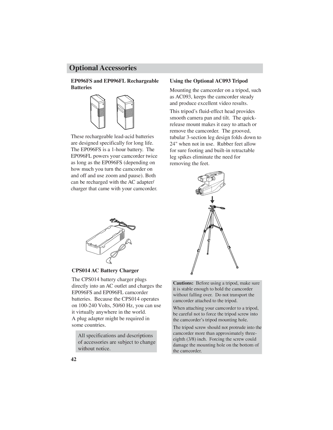 RCA CC4251 manual EP096FS and EP096FL Rechargeable Batteries, Using the Optional AC093 Tripod, CPS014 AC Battery Charger 