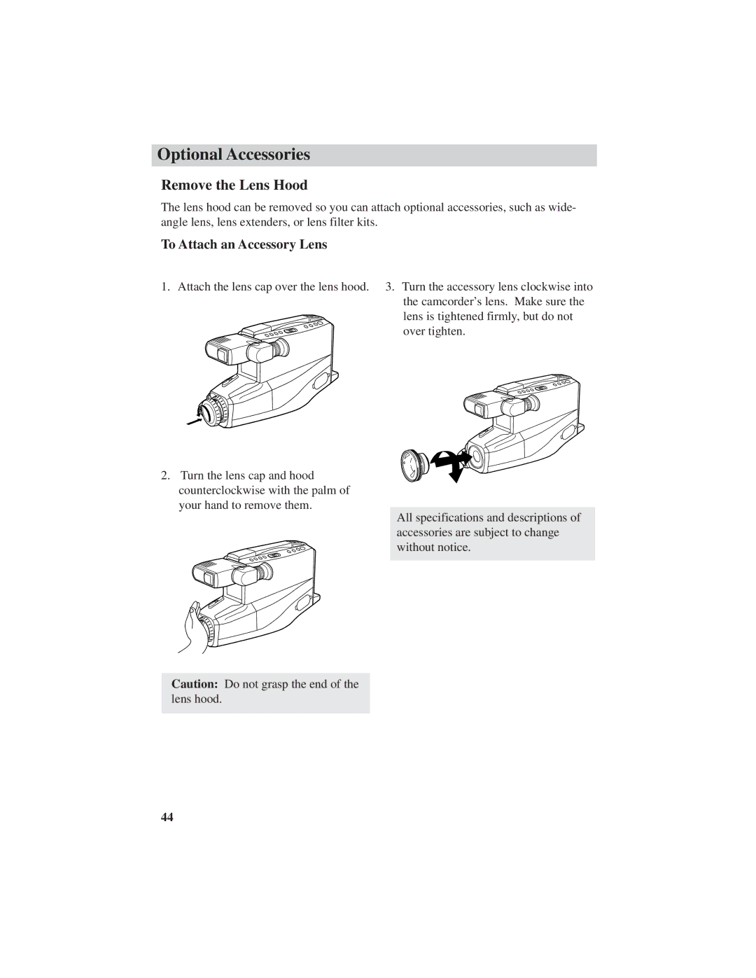 RCA CC4251 manual Remove the Lens Hood, To Attach an Accessory Lens 