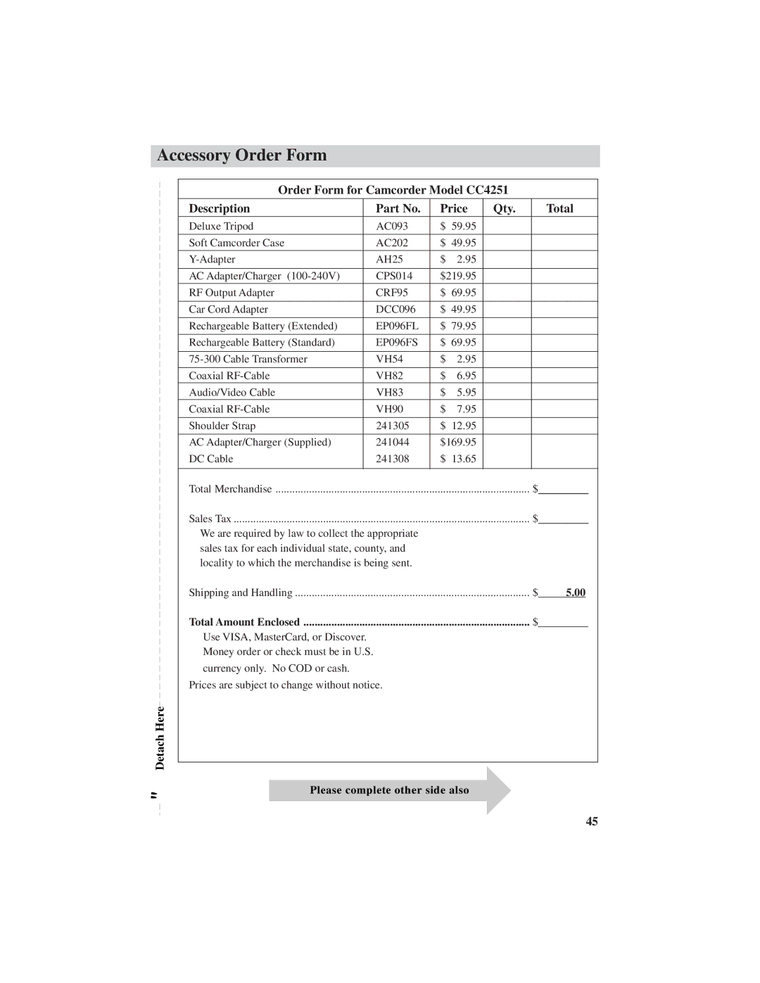 RCA CC4251 manual Accessory Order Form, EP096FS 