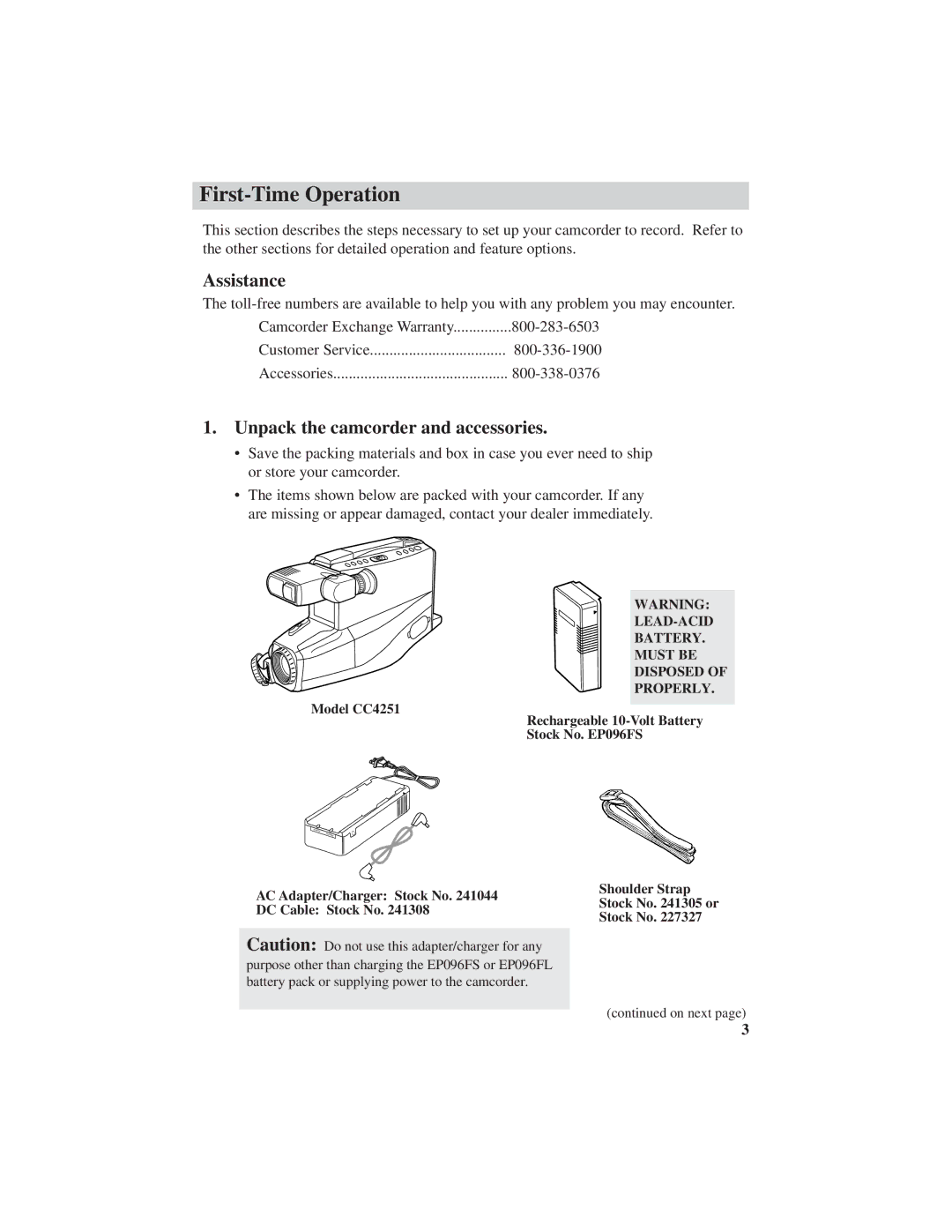 RCA CC4251 manual First-Time Operation, Assistance, Unpack the camcorder and accessories 