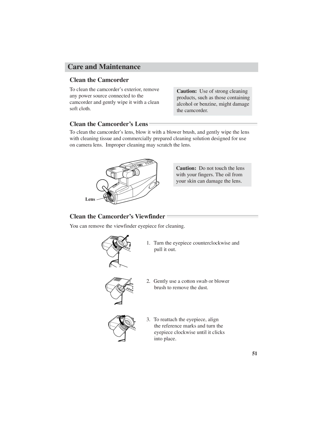 RCA CC4251 manual Care and Maintenance, Clean the Camcorder’s Lens, Clean the Camcorder’s Viewfinder 