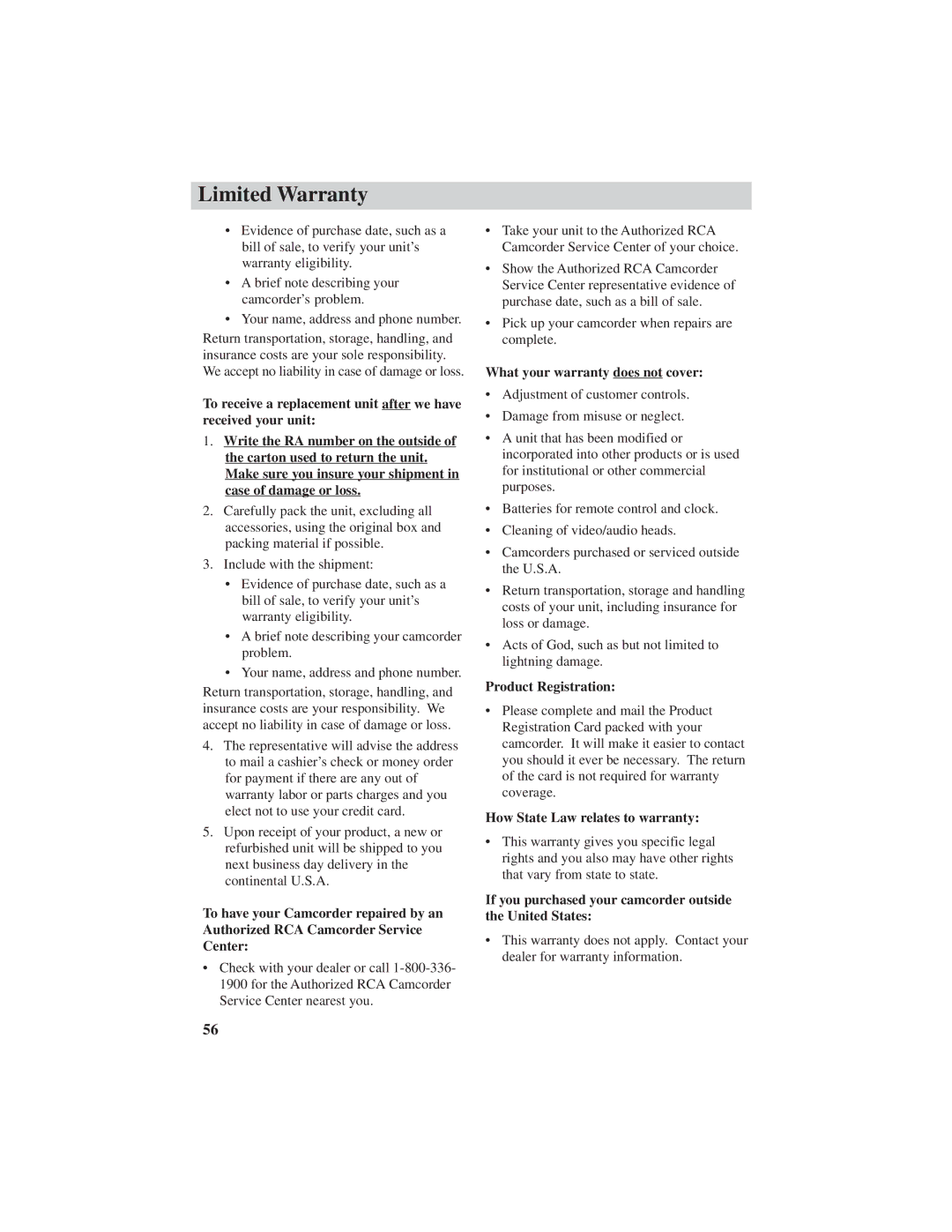 RCA CC4251 manual If you purchased your camcorder outside the United States 