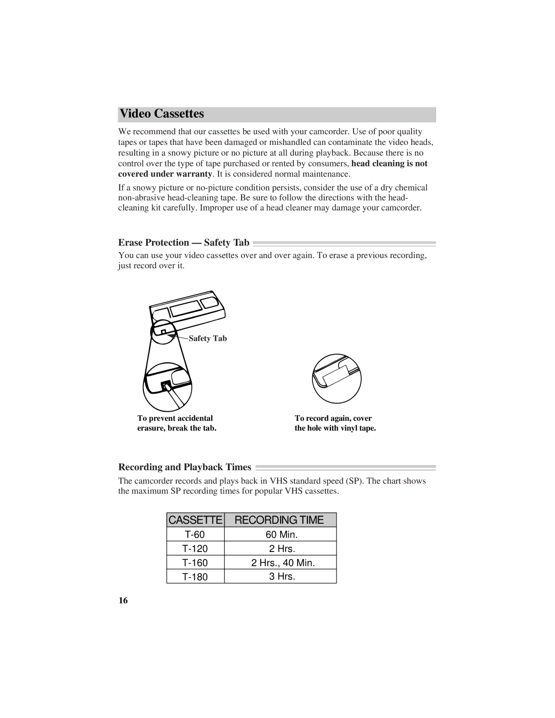 RCA CC432 manual Video Cassettes, Erase Protection Safety Tab, Recording and Playback Times 