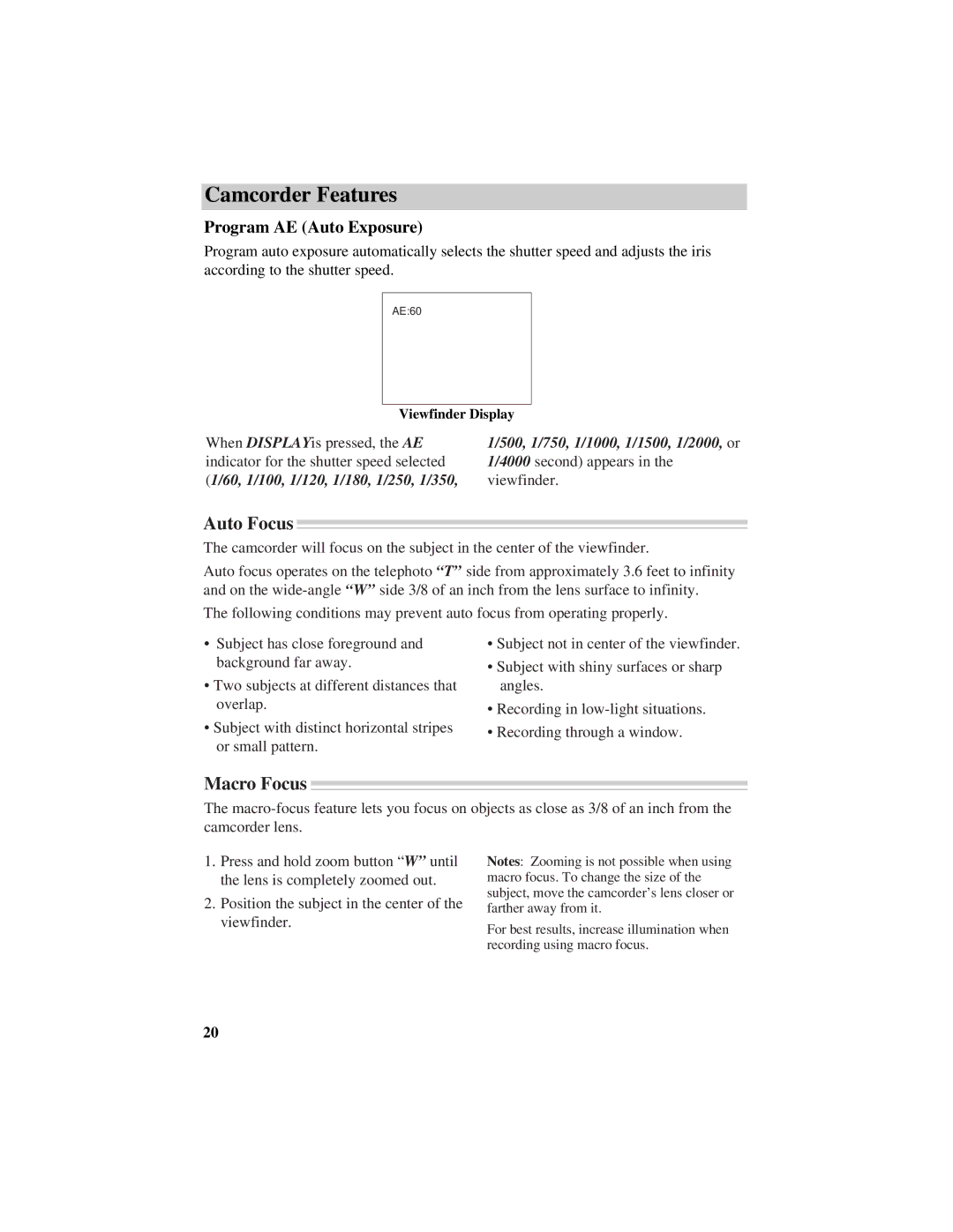 RCA CC432 manual Auto Focus, Macro Focus, Program AE Auto Exposure 