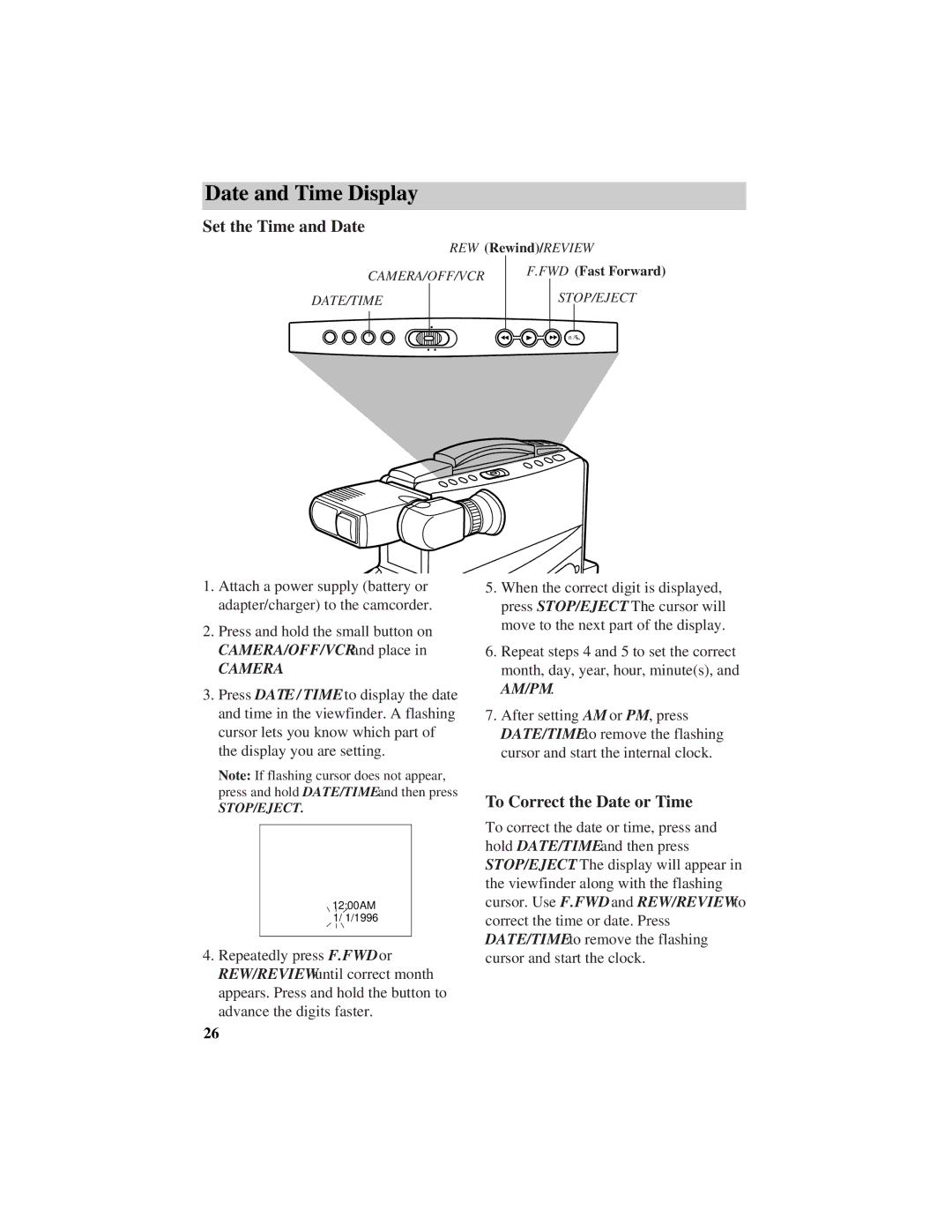 RCA CC432 manual Date and Time Display, Set the Time and Date, To Correct the Date or Time 