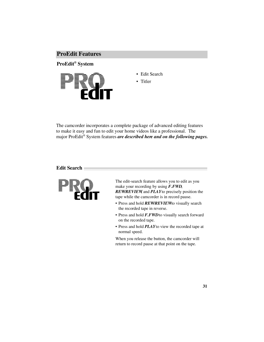 RCA CC432 manual ProEdit Features, ProEdit System, Edit Search 